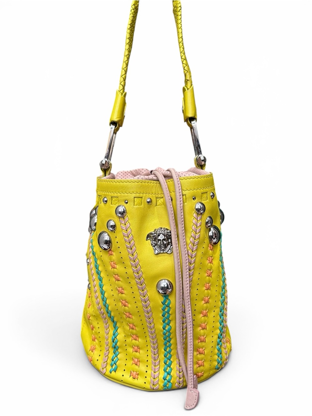 Versace Medusa Woven Leather Bucket Bag Chartreuse Studded Made In Italy